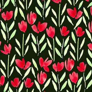 Hand  painted watercolor red tulip flowers on black - Large