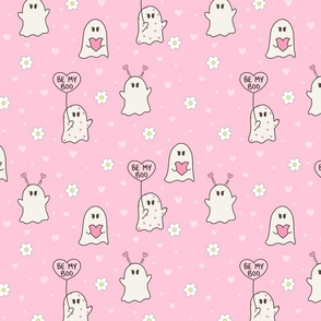 Bee My Boo Kawaii Valentines Ghosts on Pink, Spooky Valentines, Cute Valentines, Ghosts, Valentines Fabric, Kids Valentines, Daisies, Hearts, Girls