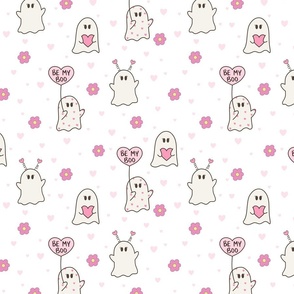Bee My Boo Kawaii Valentines Ghosts on White, Spooky Valentines, Cute Valentines, Ghosts, Valentines Fabric, Kids Valentines, Daisies, Hearts, Girls