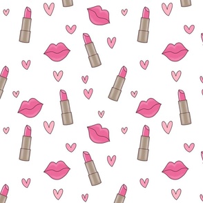 Love Lips Lipstick and Hearts – pink on white, Lips Fabric, Kisses, Kiss, Love, Hearts, Valentines, Valentines Fabric, Valentine, Beauty, Girls