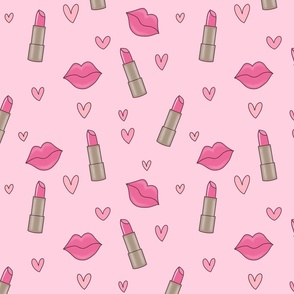 Love Lips Lipstick and Hearts – pastel pink, Lips Fabric, Kisses, Kiss, Love, Hearts, Valentines, Valentines Fabric, Valentine, Beauty, Girls