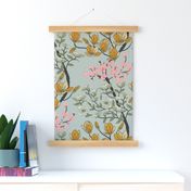 Arboretum- Welcome Spring- Dogwood Cherry Blossom Magnolia- Sage Green Pink Yellow on Ash Gray- Large Scale