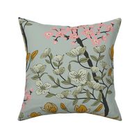 Arboretum- Welcome Spring- Dogwood Cherry Blossom Magnolia- Sage Green Pink Yellow on Ash Gray- Large Scale