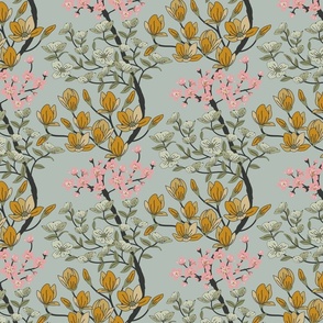 Arboretum- Welcome Spring- Dogwood Cherry Blossom Magnolia- Sage Green Pink Yellow on Ash Gray- Regular Scale