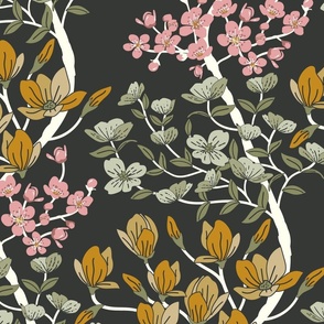 Arboretum- Welcome Spring- Dogwood Cherry Blossom Magnolia- Sage Green Pink Yellow on Mineral Grey Charcoal- Large Scale