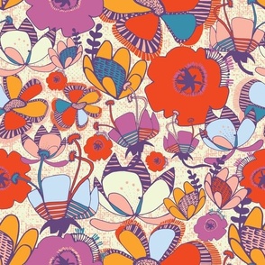 (M) Retro Seventies Inspired Whimsical Summer Floral in Scarlet, Ivory and Purple