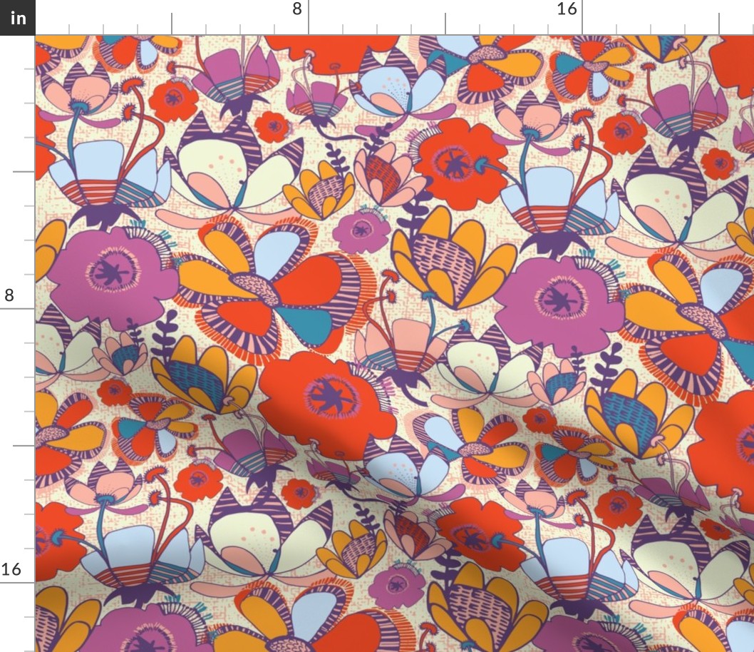 (M) Retro Seventies Inspired Whimsical Summer Floral in Scarlet, Ivory and Purple