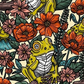 (M) Flowers and Frogs, Floral Design / Lively Yellow Version / Medium Scale