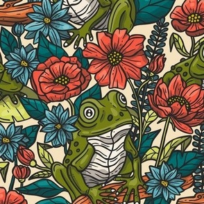 (M) Flowers and Frogs, Floral Design / Modern Mid Century Version / Medium Scale