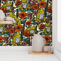 (L) Flowers and Frogs, Floral Design / Lively Yellow Version / Large Scale