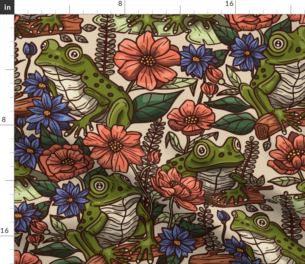 (L) Flowers and Frogs, Floral Design / Muted Colors Version / Large Scale