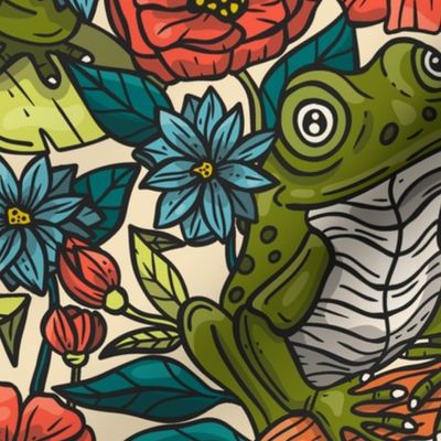 (L) Flowers and Frogs, Floral Design / Modern Mid Century Version / Large Scale