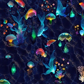 seabed, corals, fish, glowing, flaming,