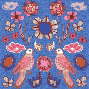 (S) Block Print Bird Floral Blue and Pink  