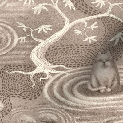 zen cats's garden wallpaper - taupe and off-white - large scale