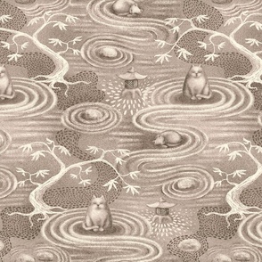 zen cats's garden wallpaper - taupe and off-white - large scale