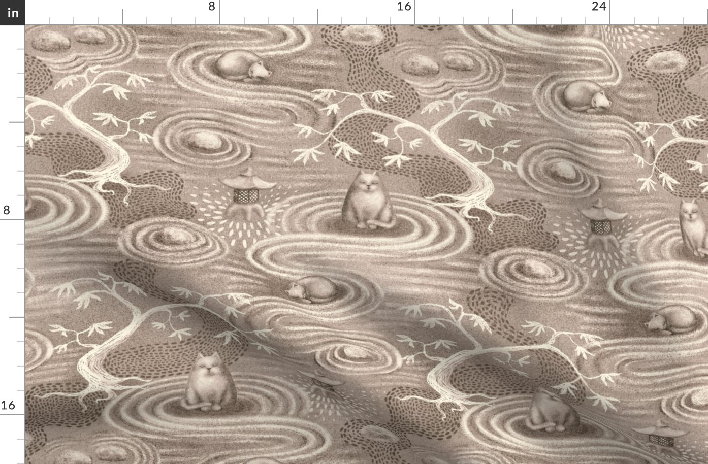 zen cats's garden wallpaper - taupe and off-white - large scale