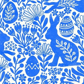 Floral bunny rabbit with easter egg flowers white blue cobalt azure
