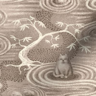 zen cats's garden wallpaper - taupe and off-white - medium scale