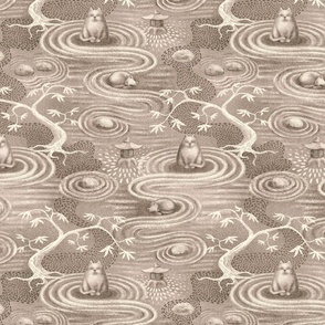 zen cats's garden wallpaper - taupe and off-white - medium scale