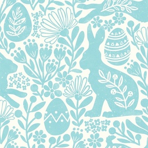 Floral bunny rabbit with easter egg flowers white cyan blue