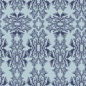 Coastal Blue Damask, Indigo Coral Wallpaper, Ocean Life Fabric, Nautical Print_Large Scale