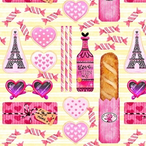 French Valentine on Yellow Stripe | Paris Baguette Hearts Love Pink Poodle