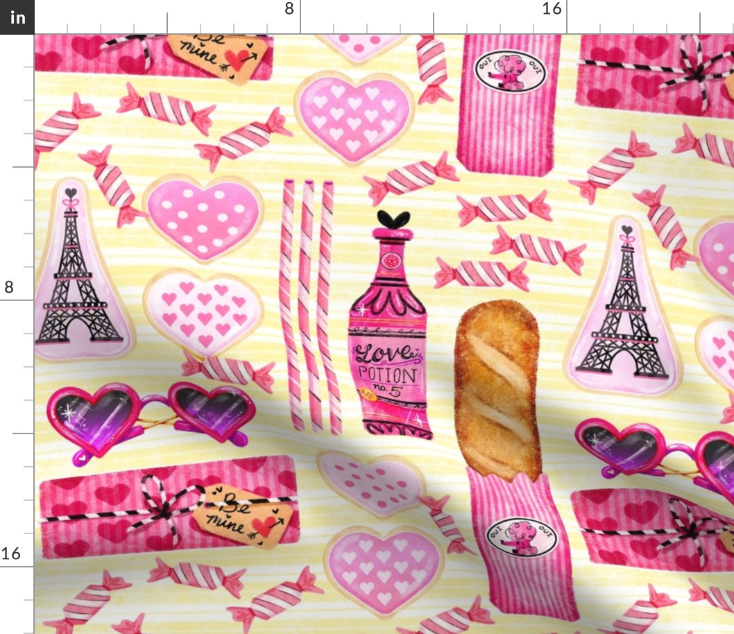 French Valentine on Yellow Stripe | Paris Baguette Hearts Love Pink Poodle