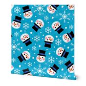 Scattered Snowmen on Blue | Small | Winter Snow Snowflakes Quilting Non-directional