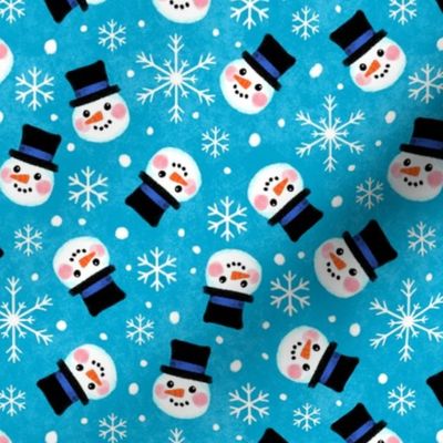Scattered Snowmen on Blue | Small | Winter Snow Snowflakes Quilting Non-directional
