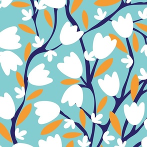 Flowers-Branches turquoise background large scale