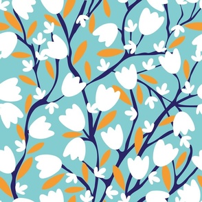 Flowers-Branches turquoise background medium scale