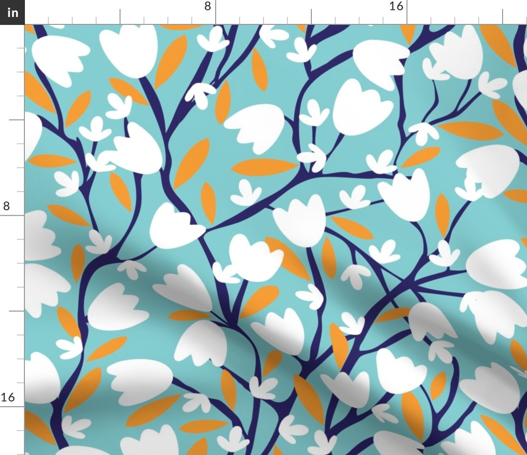 Flowers-Branches turquoise background medium scale