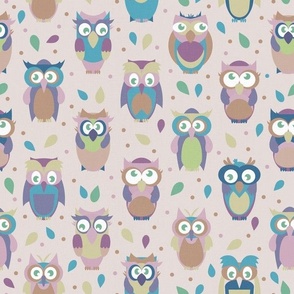 Cute Owls with Dots and Teardrops in Beige Textured153