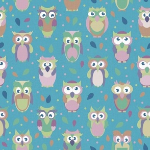Cute Owls with Dots and Teardrops on Blue Textured153
