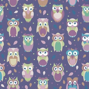 Cute Owls with Dots and Teardrops on Violet Textured 153