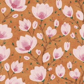 LARGE Beautiful Pink Magnolia Flowers on a textured rusty orange gold brown background 