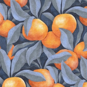 Mandarin Orange Painting on Canvas - blue leaves, large 