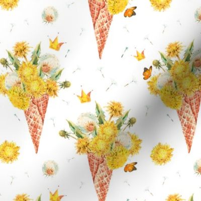 Watercolor dandelions in a waffle cone on white.