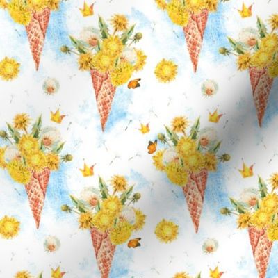 Watercolor dandelions in a waffle cone on blue and white.