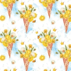 Watercolor dandelions in a waffle cone on blue and white.