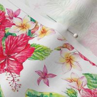 Watercolor tropical flowers, hibiscus and green leaves on white