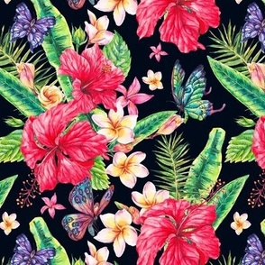 Watercolor tropical flowers, hibiscus, butterflies  and green leaves on black