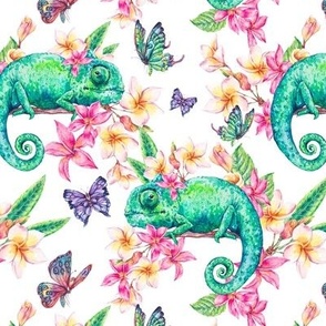 Watercolor chameleon and tropical flowers on white