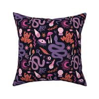 Mystical witchcraft  - witchy things in pink, orange, purple and red on black background