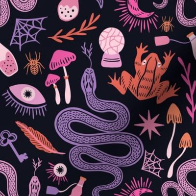 Mystical witchcraft  - witchy things in pink, orange, purple and red on black background