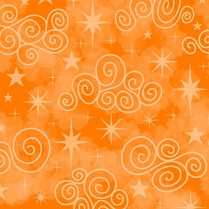 L - Orange Stars & Clouds - Bright Amber Tangerine Twinkle Sky