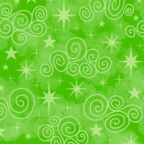 L - Green Stars & Clouds - Bright Grass Green Twinkle Sky