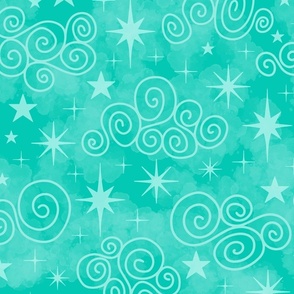 L - Aqua Blue Stars & Clouds - Bright Aquamarine Green Twinkle Sky