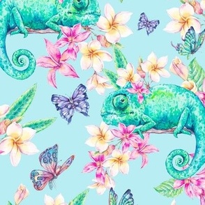 Watercolor chameleon, butterflies and tropical flowers on blue